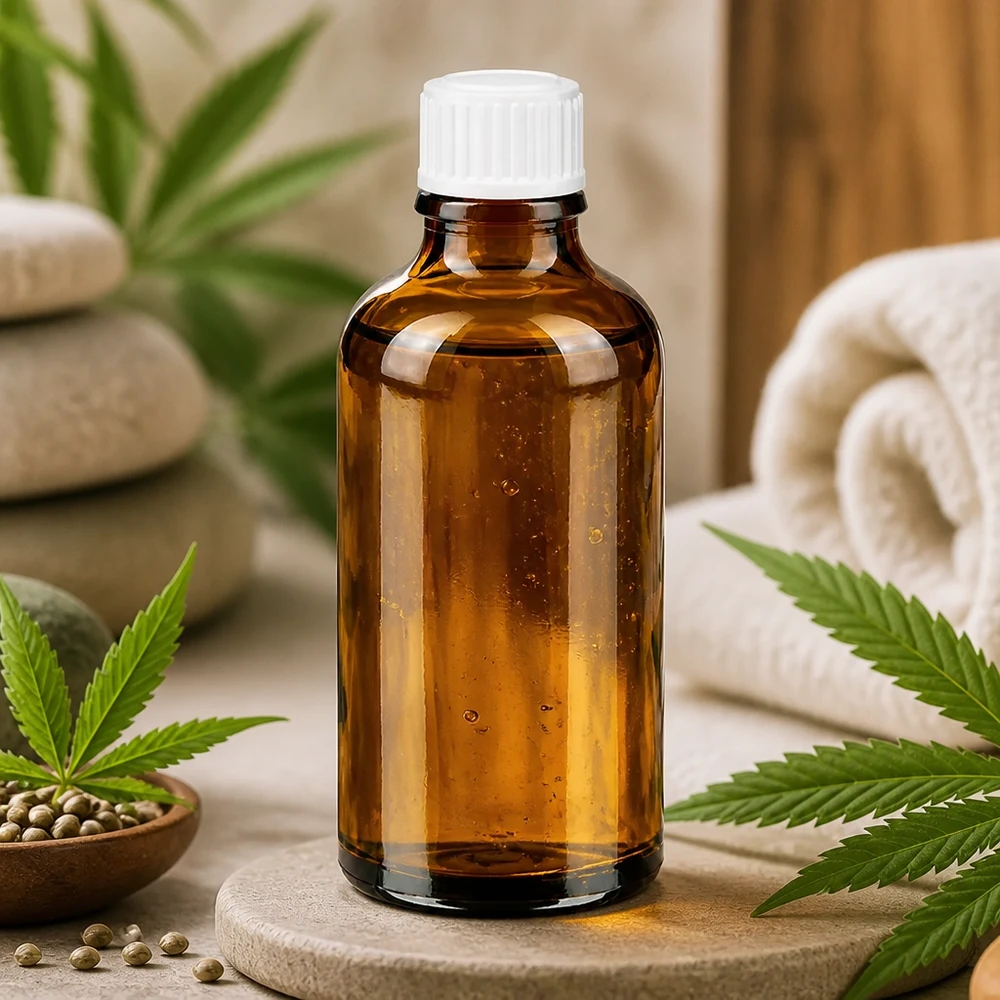 Flacon en verre de 50 ml de couleur ambrée, muni d'un bec verseur de 0,9 mm, destiné au CBD et aux huiles naturelles