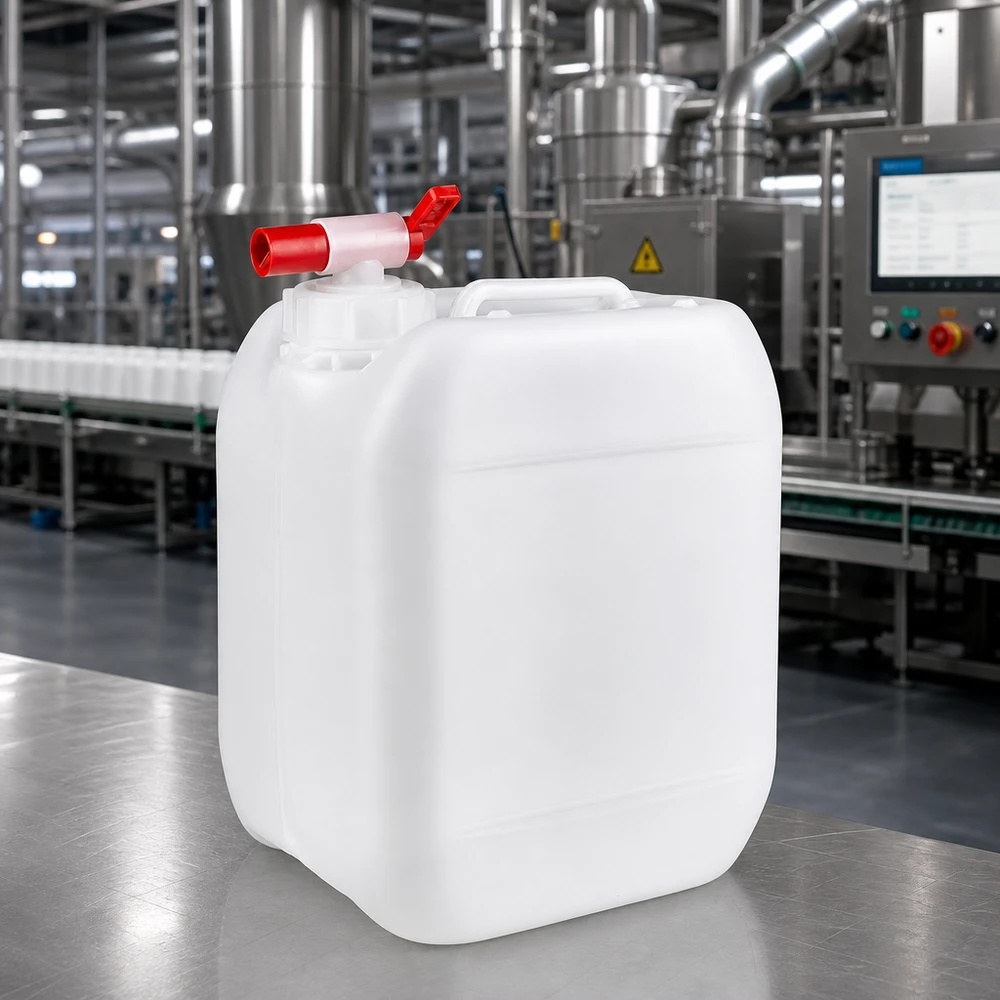 Bidon de 5 litres adapté au contact alimentaire, muni d'un robinet, devant une installation de remplissage moderne