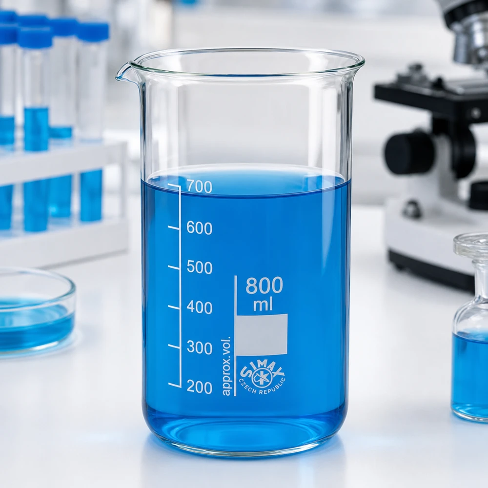 Bécher 800ml en verre borosilicate résistant à la chaleur (forme haute) Bécher en verre borosilicaté SIMAX de 800 ml, modèle haut, avec graduation en millilitres en blanc, sur une paillasse de laboratoire