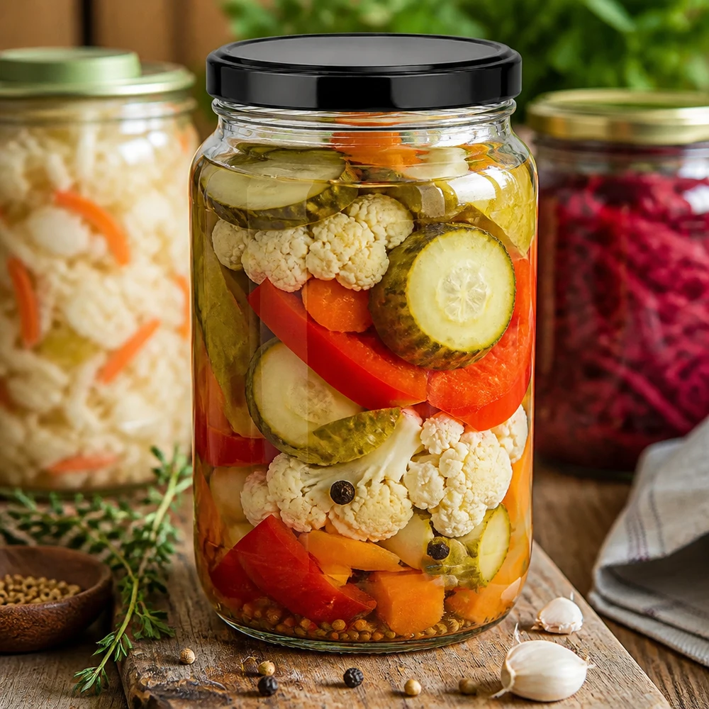 Légumes mixtes marinés en bocal rond de 1700ml avec couvercle noir BasicSeal utilisation pratique Bocal de conservation