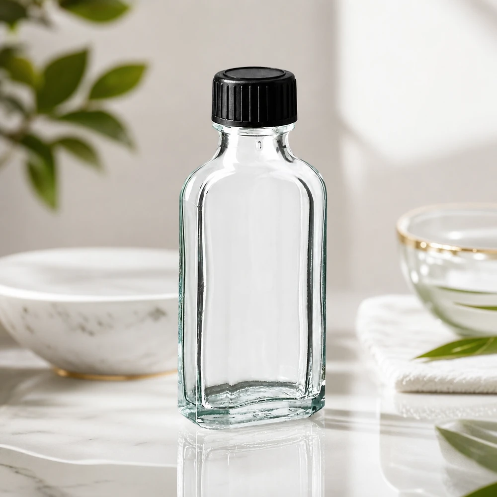 Flasque transparente de 50 ml au goulot DIN 22, avec bouchon à vis DIN 22 noir et joint PEE Flacon Meplat transparent vide de 50 ml avec joint en EPE pour huiles essentielles
