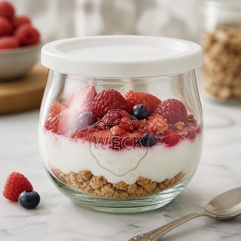 Bocal en forme de tulipe de 370 ml avec couvercle hermétique WECK RR80 WECK Pot tulipe 370ml comme coupe à dessert remplie de yaourt et de baies, couvercle fraîcheur blanc RR80 visible