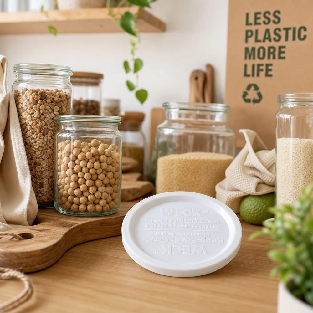 Couvercle fraîcheur WECK RR120 WECK REX Couvercle de conservation des aliments frais RR120 blanc dans une cuisine durable zéro déchet avec bocaux à provisions et ustensiles en bois