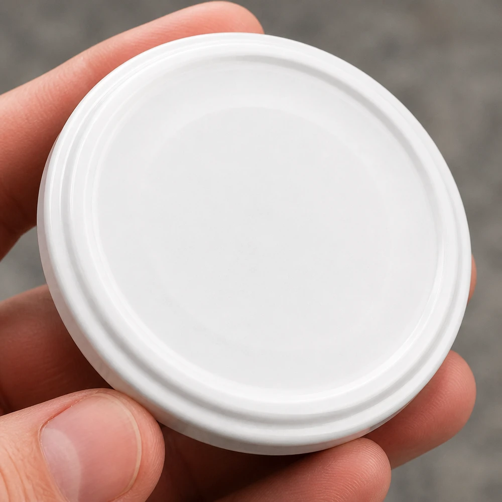 66mm Bouchon BioSeal blanc (TO66) UNiTWIST Couvercle de conserve blanc UNiTWIST TO66 sans BPA, de la marque unitemp, tenu entre les doigts