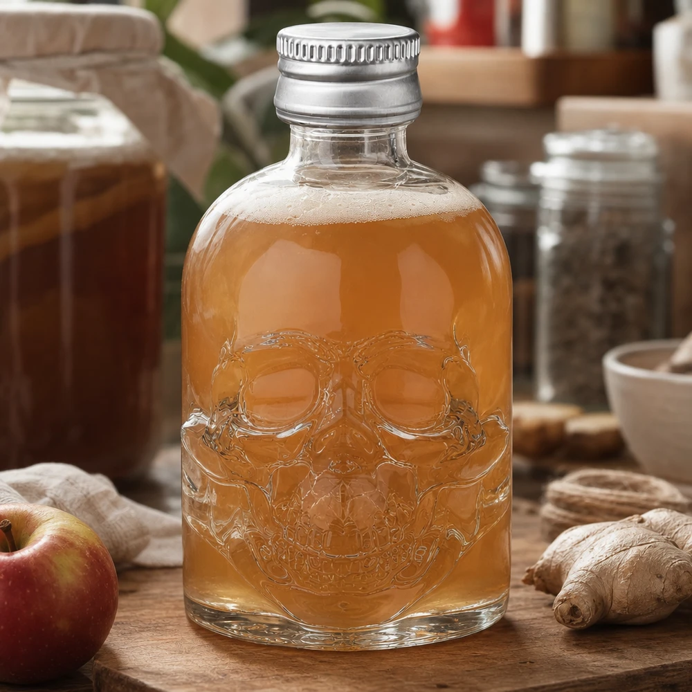 Bouteille en verre 50 ml « Hector » et bouchon à vis argenté UNiTWIST® Bouteille en verre de 50 ml Hector avec relief de tête de mort remplie de boisson à la pomme et au gingembre dans un environnement de cuisine naturel