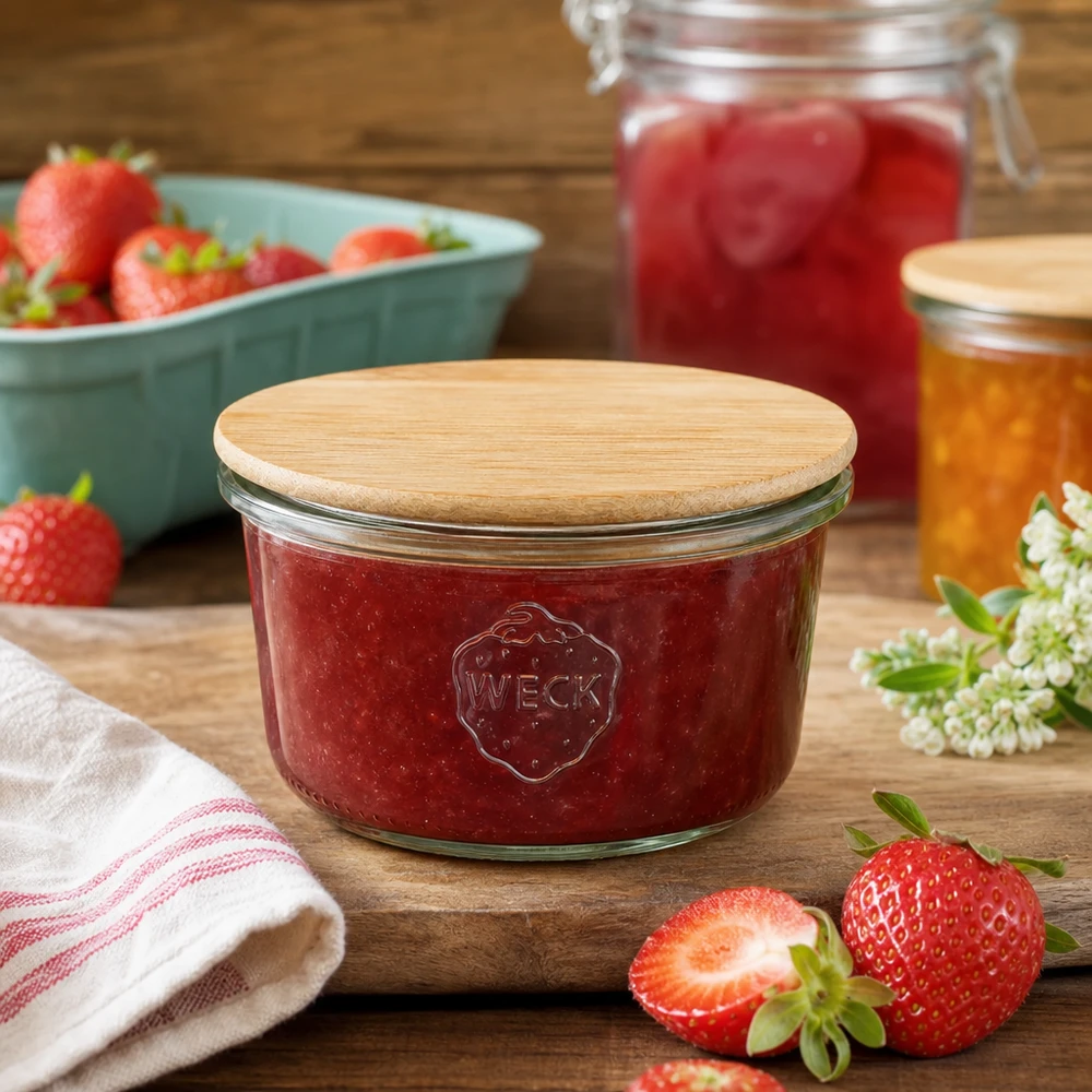 WECK RR80 Pot de conservation avec confiture de fraises et couvercle en bambou dans une scène de cuisine rustique avec des fruits frais