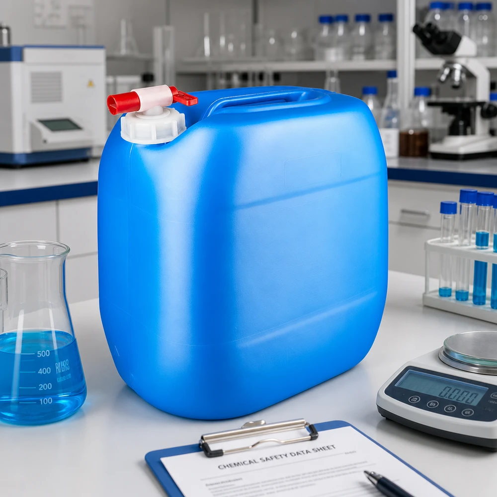Bidon 30 litres bleu avec robinet Bidon rectangulaire en plastique de 30 litres, bleu, muni d'un robinet de vidange, à côté d'un flacon d'Erlenmeyer