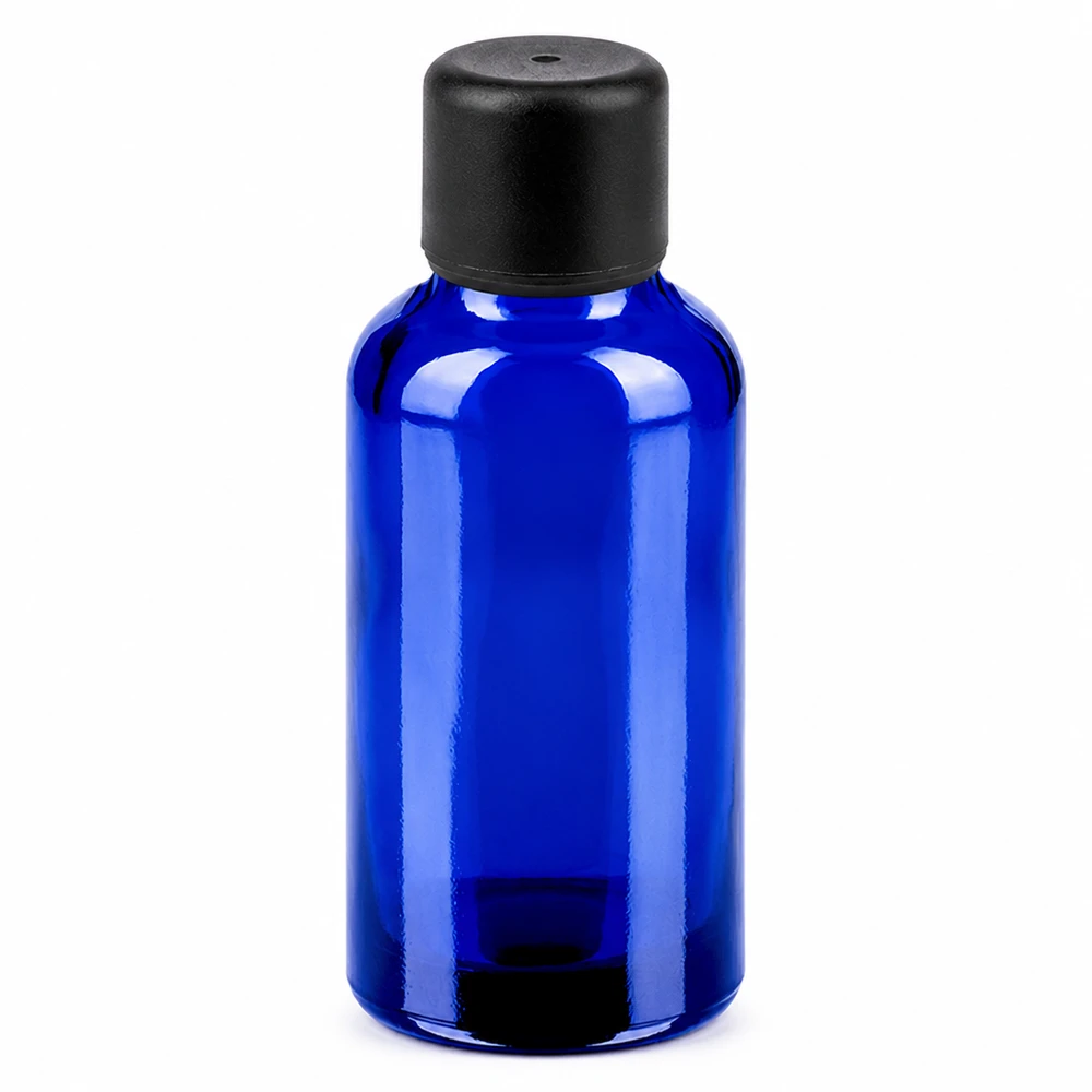 Flacon de 30ml 6mm SV noir STD BlueLine UT18/30 Petit flacon en verre bleu de 30ml idéal pour l'aromathérapie et les cosmétiques naturels