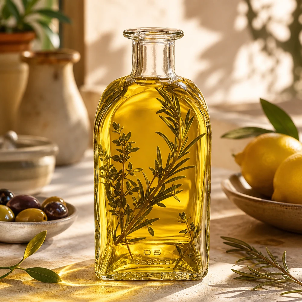 Bouteille en verre Julia de 500 ml remplie d'huile d'olive et d'herbes aromatiques cuisine méditerranéenne aux olives et aux citrons