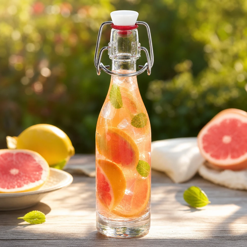 Bouteille en verre de 50 ml + bouchon mécanique PVC UNiTWIST Bouteille en verre de 50 ml avec bouchon à étrier PVC remplie d'eau mentholée au pamplemousse dans une atmosphère de jardin estival