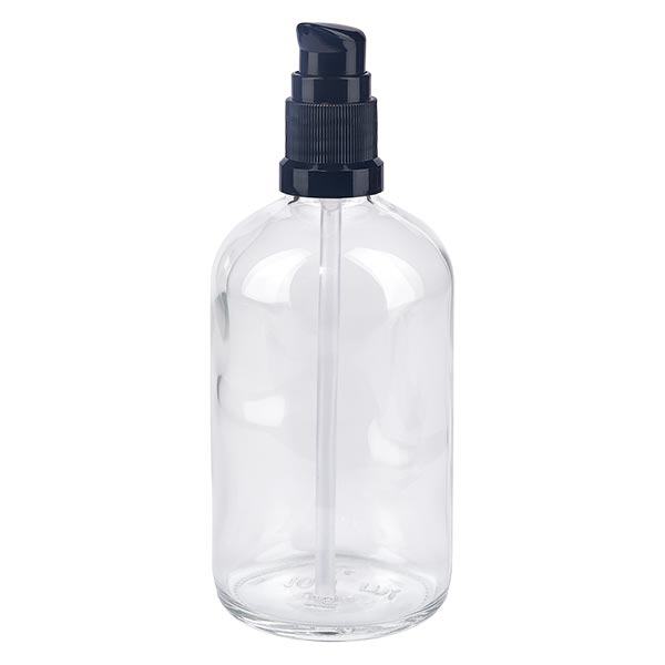 Flacon de pharmacie clair 100ml bouchon pompe noir std Flacon de pharmacie clair 100ml bouchon pompe noir std