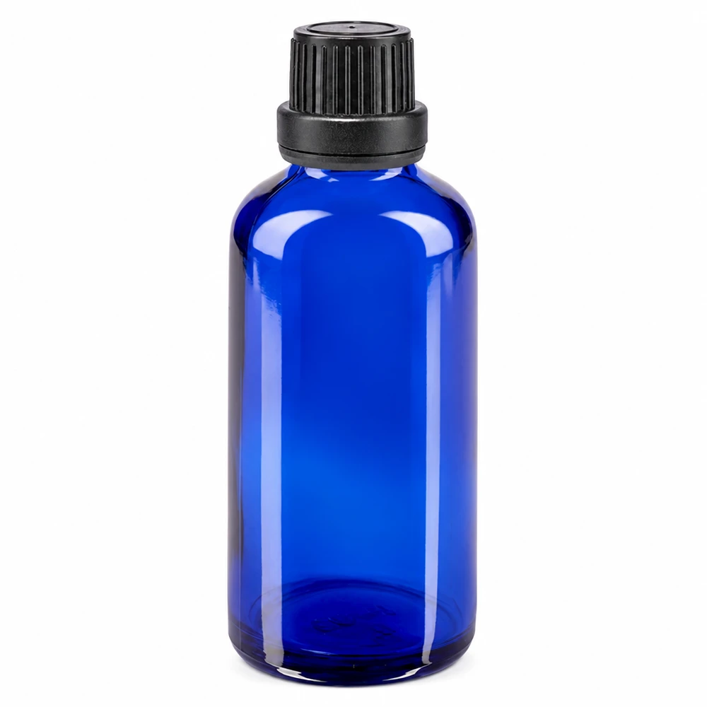 Flacon à pharmacie bleu 50ml bouchon inviolabilité 2mm noir Flacon compte-gouttes bleu de 50 ml en verre ApoGlas de haute qualité, muni d'un bouchon à vis noir à sécurité enfant OV