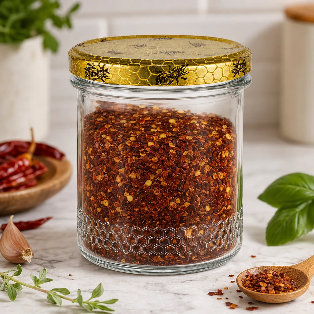 Pot de miel de 400 ml rempli d'un mélange d'épices au chili, couvercle en nid d'abeille, scène de cuisine avec des herbes et une cuillère en bois