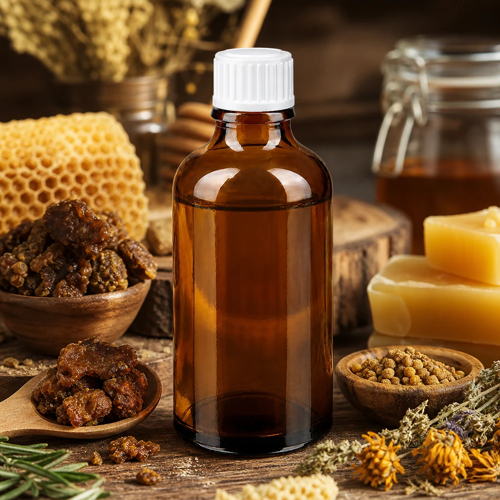 Flacon de pharmacie brun 50ml bouchon à vis blanc Petit flacon de pharmacie marron entouré de produits apicoles, de miel et d'herbes aromatiques
