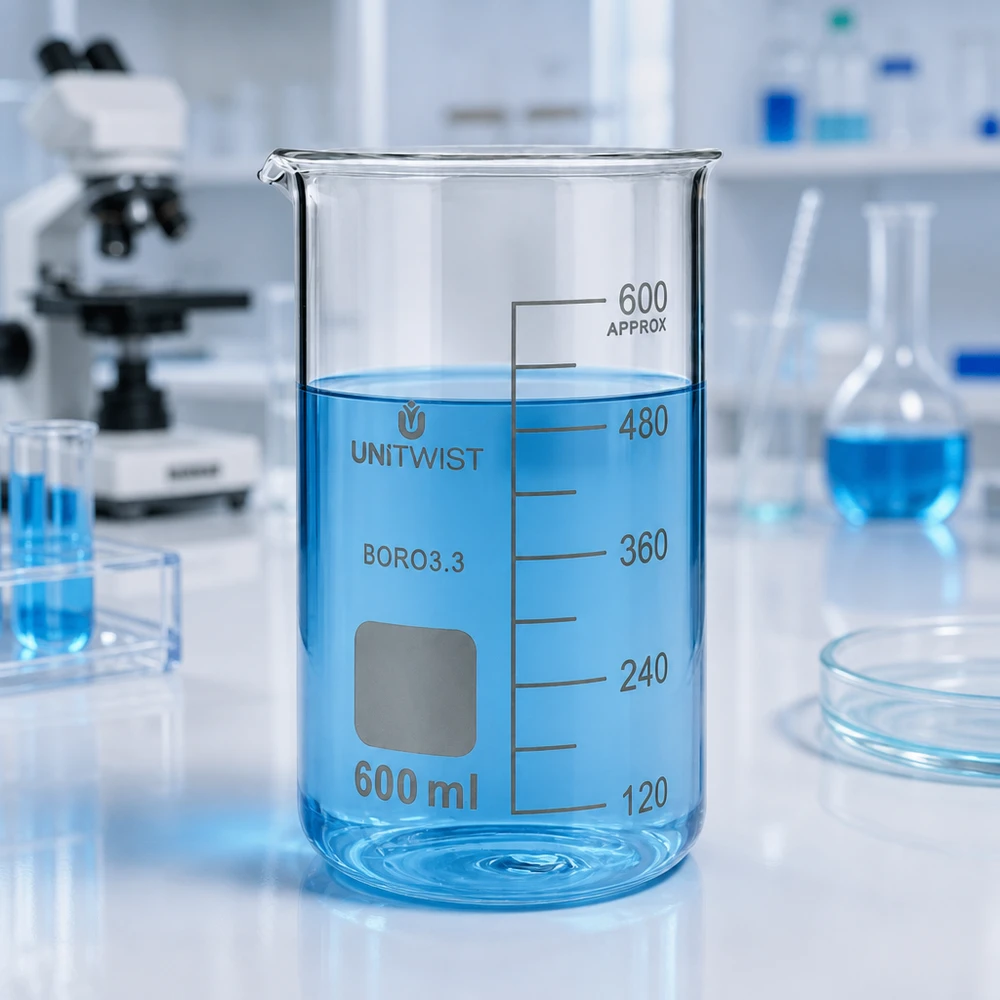 Bécher 600ml borosilicate, forme haute UNITWIST Verre doseur UNITWIST de 600 ml avec bec verseur, de forme cylindrique haute, en verre BORO3.3