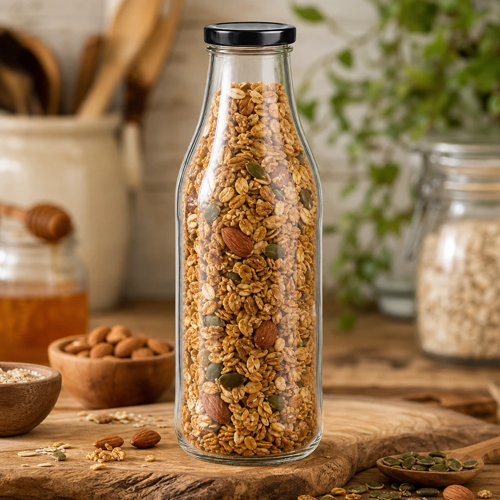 1000ml Bouteille avec couvercle BasicSeal noir UNiTWIST Bouteille en verre de 1000 ml avec couvercle noir remplie d'un mélange de céréales et de noix pour la conservation des aliments