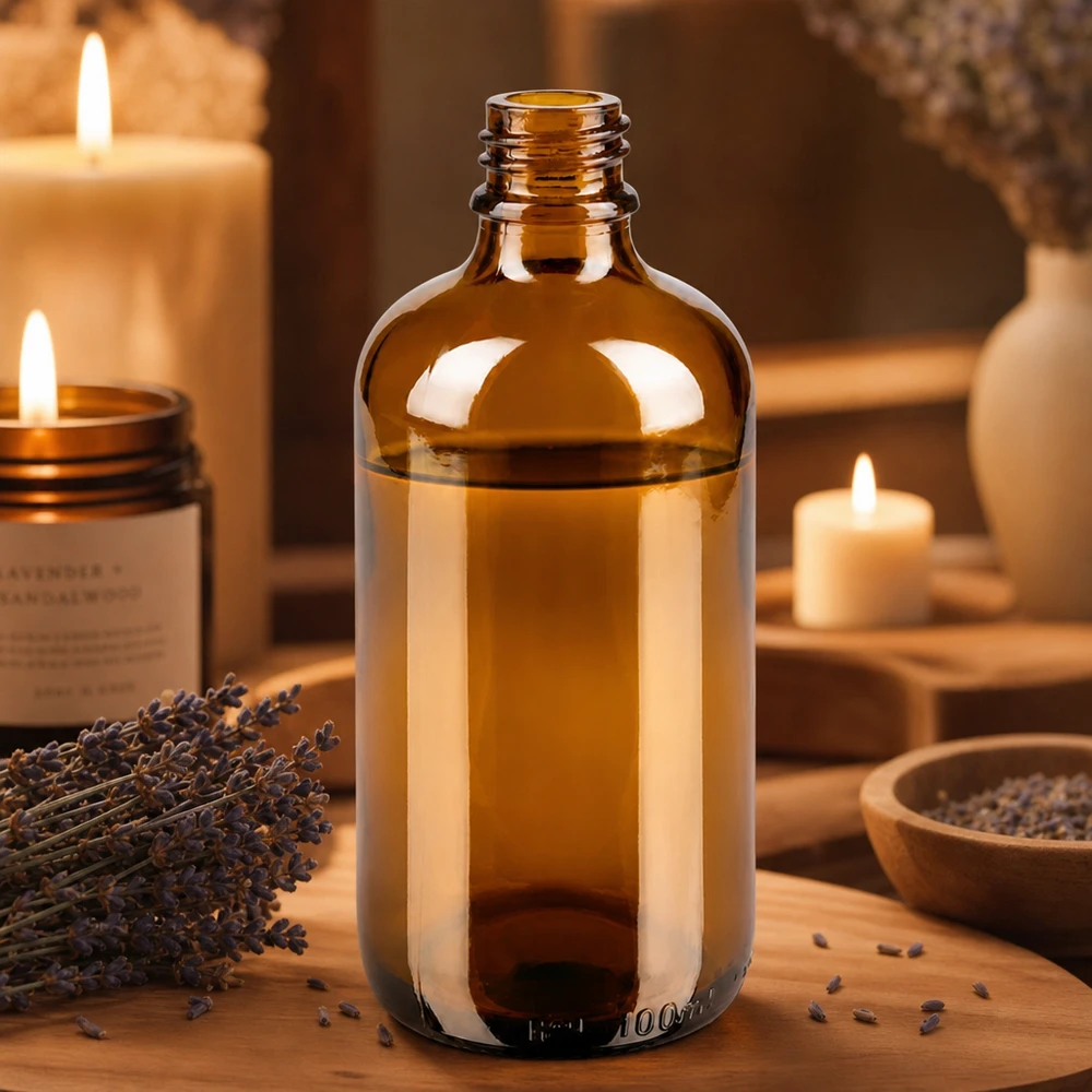 Flacon à pharmacie marron 100ml ApoGlas Bouteille de pharmacie brune 100ml ApoGlas avec aromathérapie à la lavande et bougies dans une ambiance chaleureuse sur bois