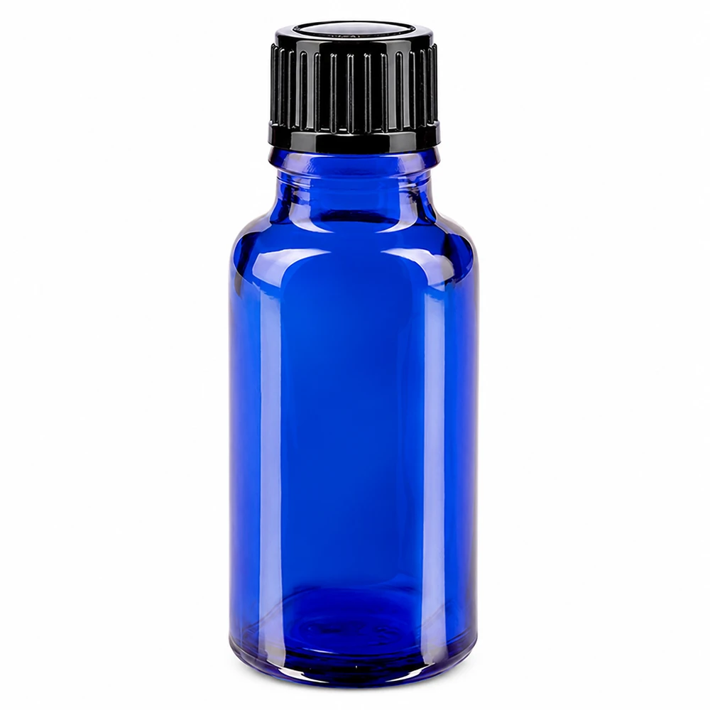 Flacon à pharmacie bleu 20ml bouchon compte-gouttes 1mm noir standard Flacon compte-gouttes bleu cobalt de 20 ml avec un orifice de 1 mm et un bouchon à vis noir à l'épreuve des enfants