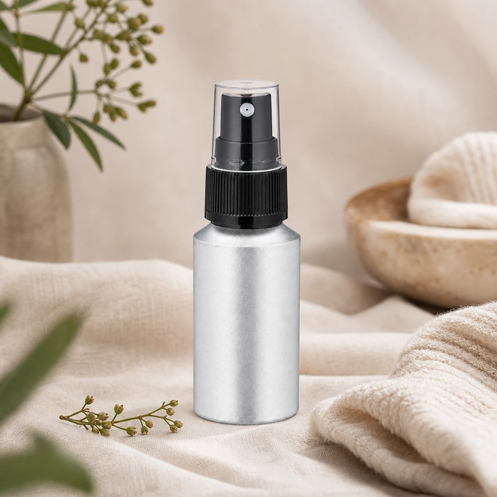 Bouteille en aluminium teinté 30 ml, avec vaporisateur à pompe noir Vaporisateur en aluminium de 30 ml avec tête de vaporisation transparente pour le parfum et le tonique pour le visage