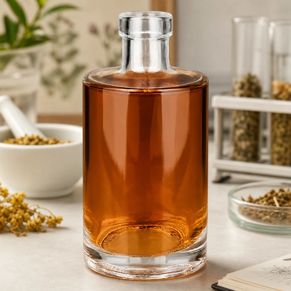 Bouteille en verre 350 ml « Marie » sans bouchon UNiTWIST® Bouteille en verre Marie de 350 ml au contenu ambré sur le comptoir de la cuisine parmi les épices et les herbes aromatiques Photo 5 sur 10