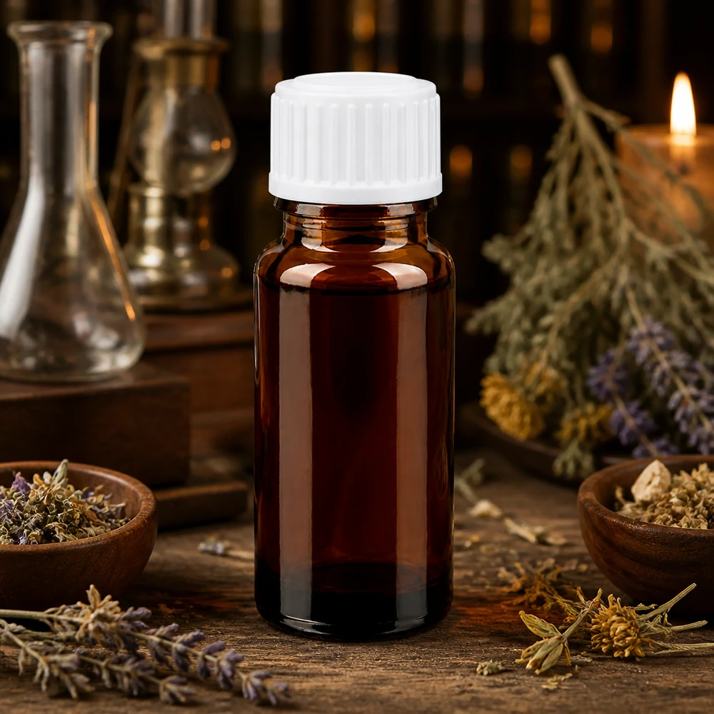 Petite bouteille en verre brun de 10 ml avec un bouchon doseur blanc, parmi des herbes séchées