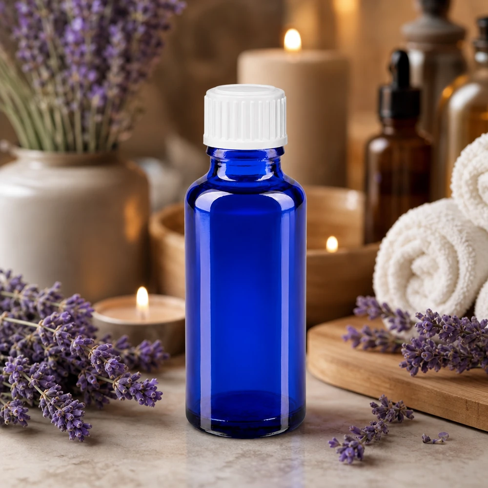 Flacon de pharmacie bleu cobalt de 30 ml avec bouchon compte-gouttes blanc, posé sur une planche en bois agrémentée de lavande