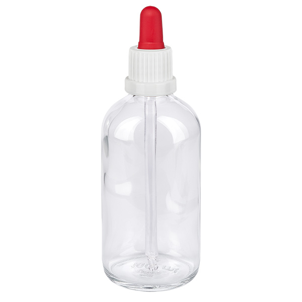 Flacon à pipette 100ml blanc/rouge OV ClearLine UT18/100 Flacon-pipette de 100 ml en verre transparent, muni d'un bouchon à vis blanc et d'une bille de pipette rouge