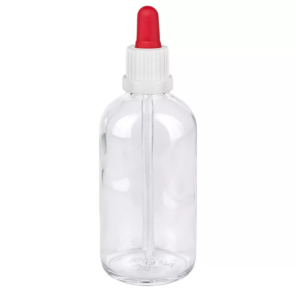 Flacon à pipette 100ml blanc/rouge OV ClearLine UT18/100 Flacon-pipette de 100 ml en verre transparent, muni d'un bouchon à vis blanc et d'une bille de pipette rouge