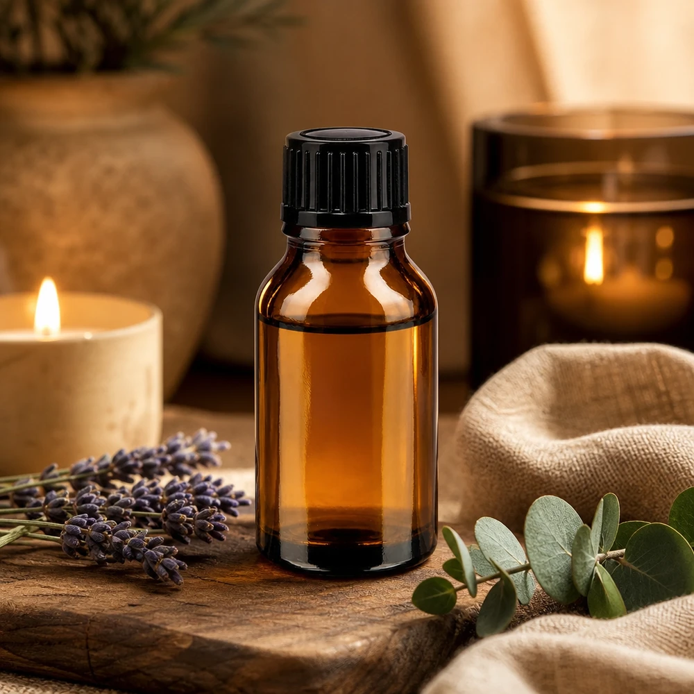 Flacon en verre ambré résistant aux UV de 15 ml muni d'un compte-gouttes de 1 mm, entouré d'eucalyptus et de bougies