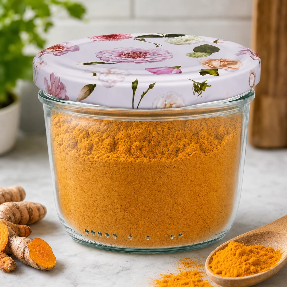 Verres 230 ml + couvercle BasicSeal rose... Verre renversé 230ml rempli de poudre de curcuma Couvercle BasicSeal Motif fleur Verre à épices Récipient de stockage Cuisine