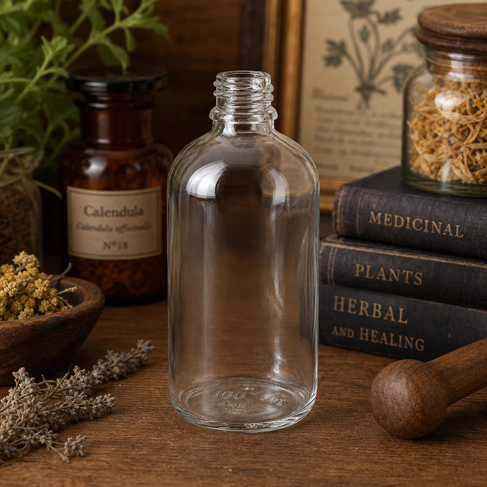 Flacon en verre transparent ClearLine de 100 ml posé sur une table en bois, entre des herbes séchées et des ouvrages sur les plantes médicinales