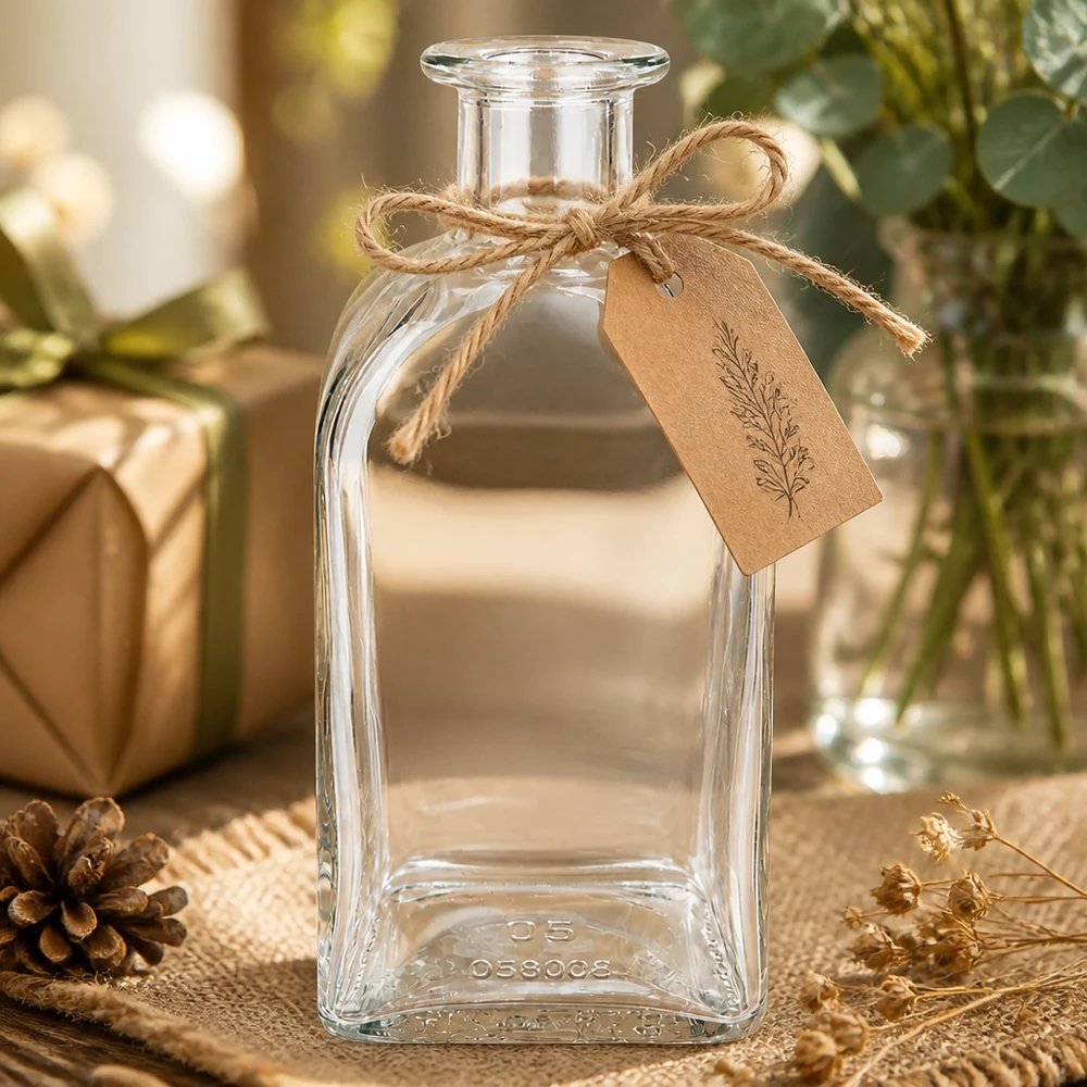 Flacon à pharmacie « Julia» 500 ml sans bouchon UNiTWIST® Bouteille en verre Julia de 500 ml avec décoration rustique Pendentif en papier kraft et ficelle de jute sur fond de bois naturel