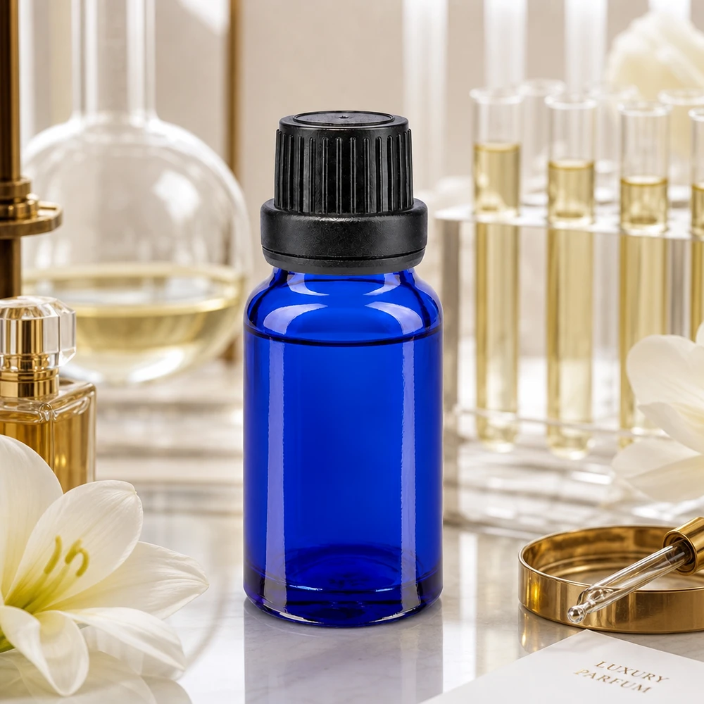 Flacon de pharmacie bleu 10ml bouchon inviolable blanc 2mm bouchon inviolabilité Flacon bleu foncé de 10 ml en verre ApoGlas de haute qualité, muni d'un bouchon OV à sécurité enfants et d'un compte-gouttes de précision