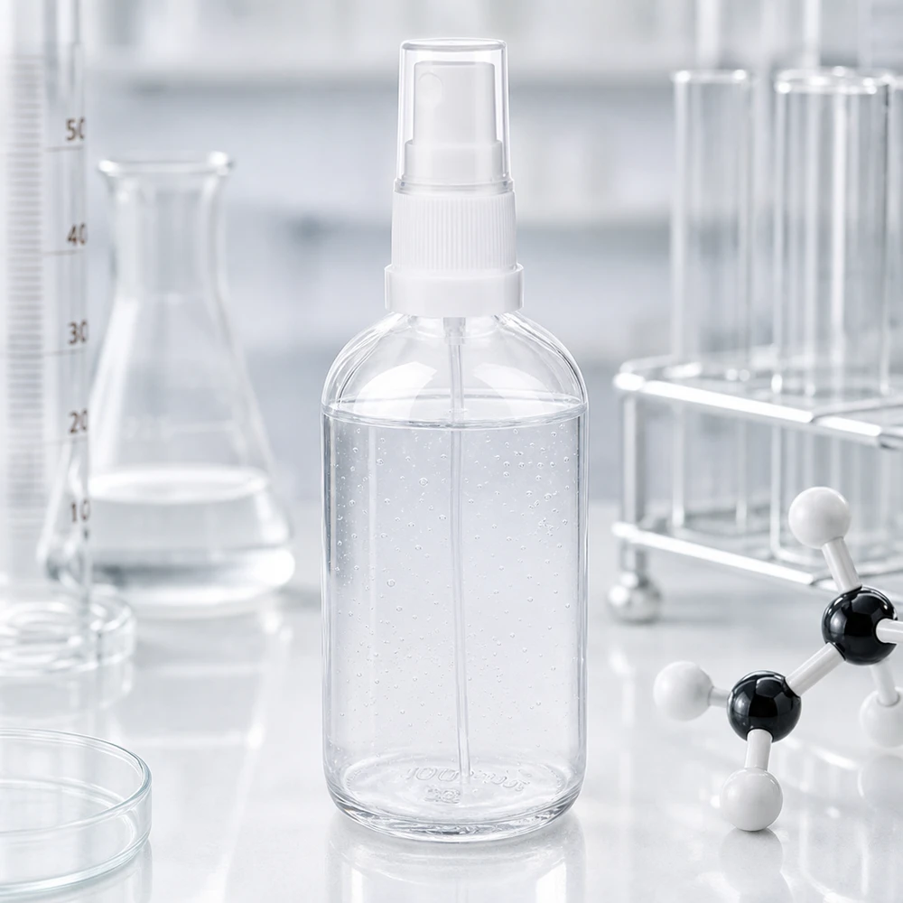 Flacon pulvérisateur ClearLine UT18 de 100 ml dans un laboratoire avec des tubes à essai et une maquette moléculaire
