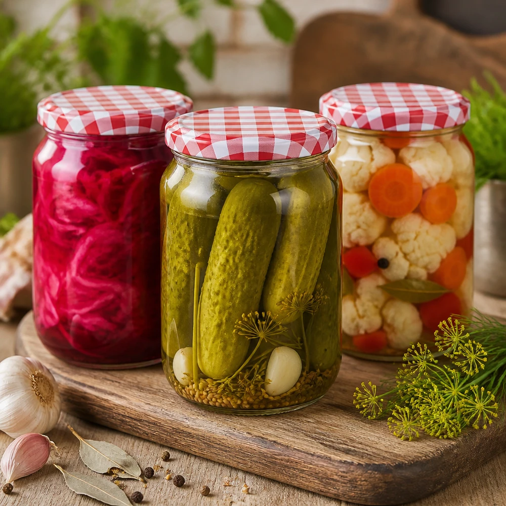 795ml Bocal rond BasicSeal Couvercle avec cornichons marinés, choucroute et légumes mélangés sur planche en bois avec épices