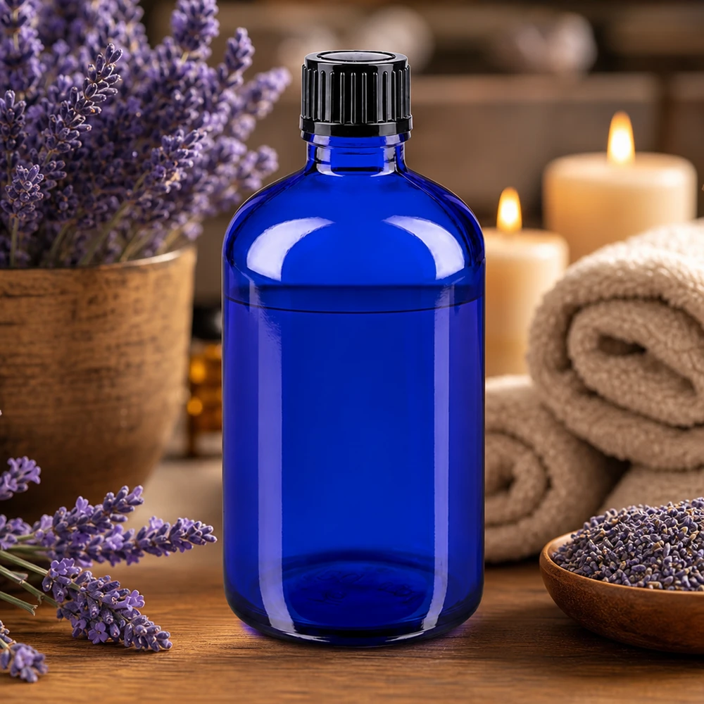 Flacon de pharmacie bleu 100ml bouchon vissable noir Std Flacon de pharmacie bleu cobalt de 100 ml avec bouchon à vis pour huiles essentielles