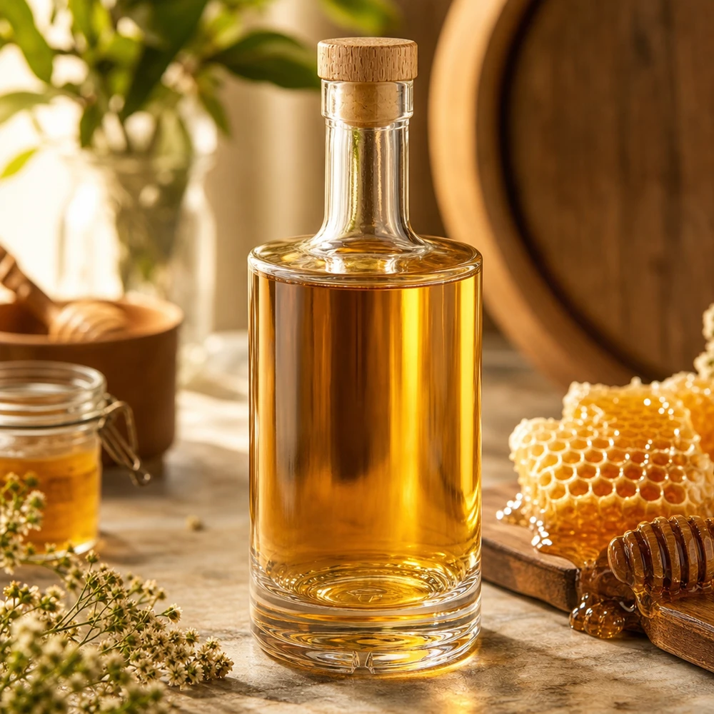 Bouteille en verre Nora de 500 ml remplie de liqueur de miel Bouchon en bois UNiTWIST Nid d'abeille Verre à miel Décoration naturelle