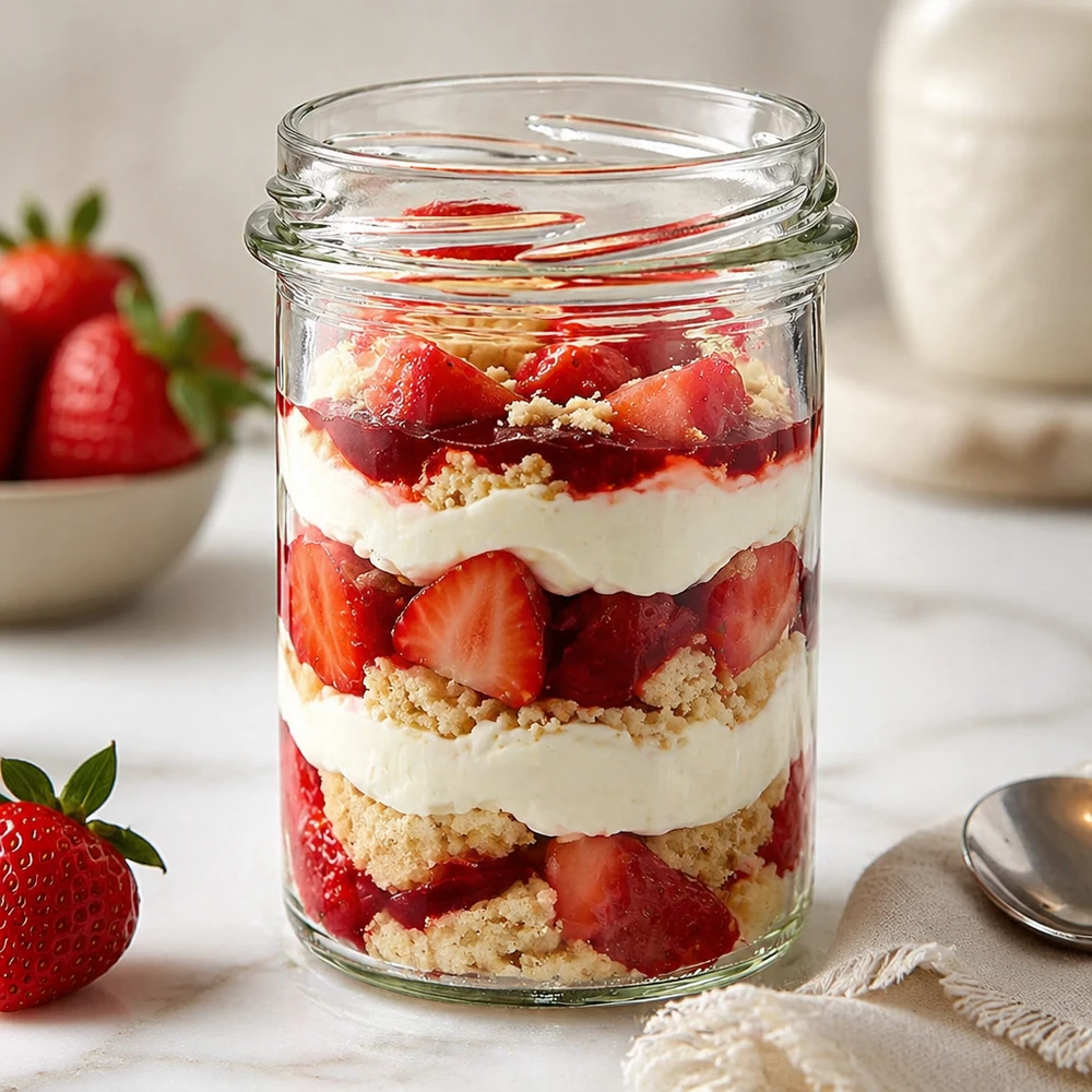 Verre renversé 230ml avec dessert stratifié à la fraise rempli de crème et de miettes de biscuits, UNiTWIST Renversé230 TO66
