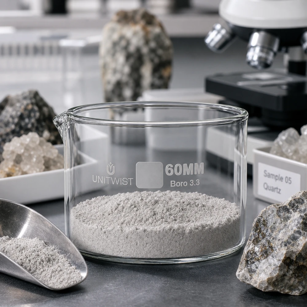 Coupelle en verre borosilicaté UNiTWIST Boro 3.3 contenant un échantillon de sable de quartz, à côté d'un microscope et de minéraux