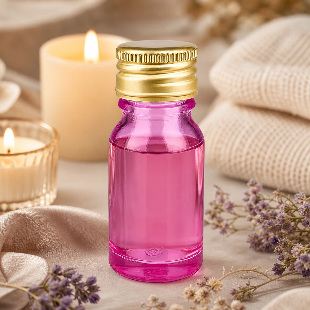 Petit flacon violet de 10 ml avec bouchon métallique robuste, parfait pour l'aromathérapie mobile en déplacement