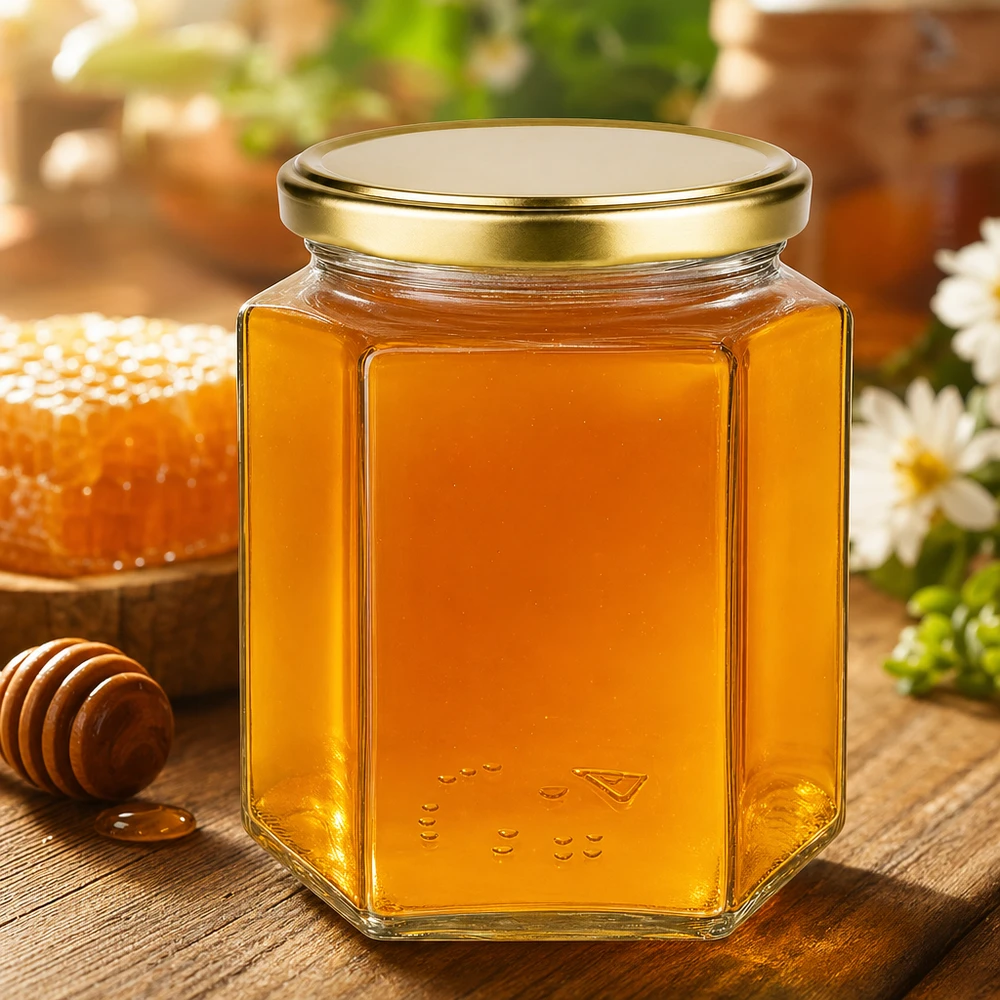 Pot à miel 500 g avec couvercle doré BasicSeal UNiTWIST 500g Honigglas BasicSeal mit goldenem Deckel gefüllt mit Honig neben Bienenwabe und Honiglöffel auf Holztisch