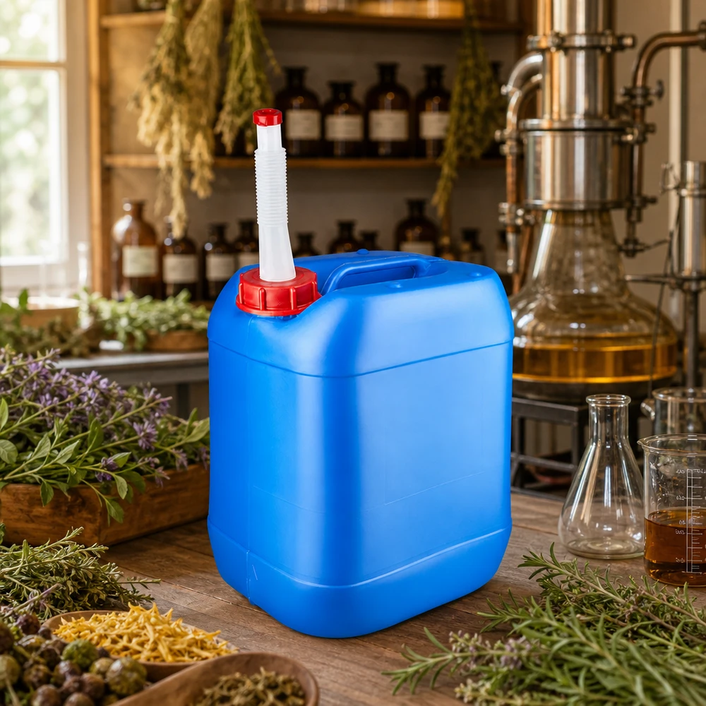 Bidon en plastique de 20 litres, bleu, adapté au contact alimentaire, avec bec verseur flexible, à la distillerie d'herbes aromatiques