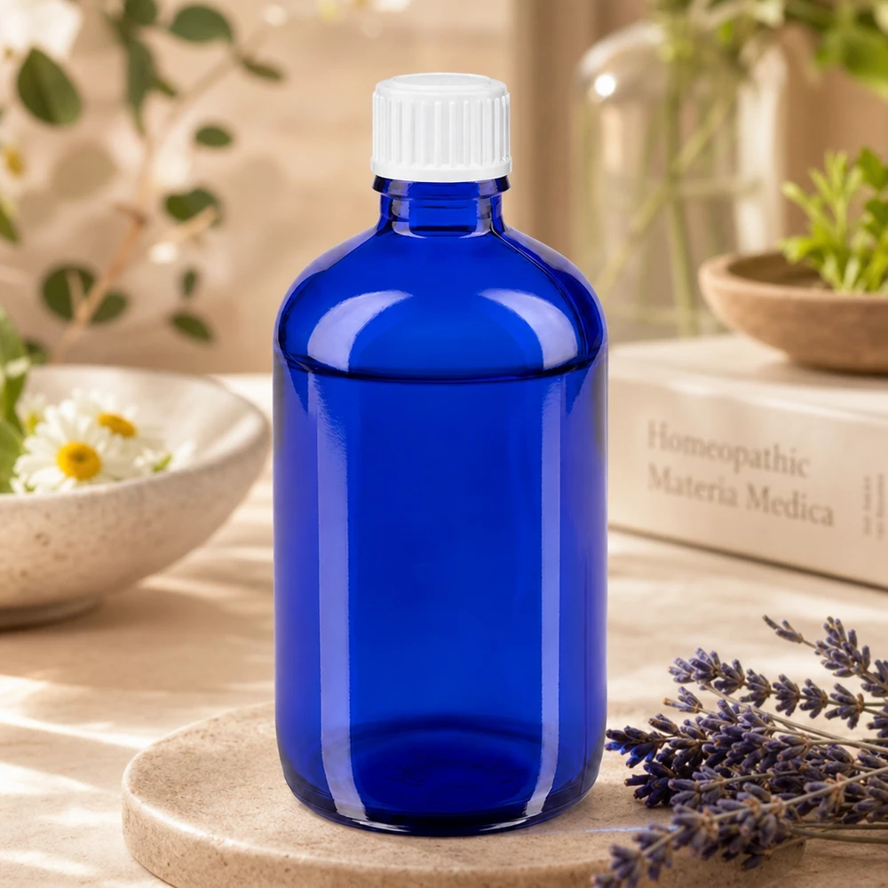Flacon de pharmacie de 100 ml, bleu cobalt, avec bouchon standard blanc de 11 mm, destiné à la médecine naturelle