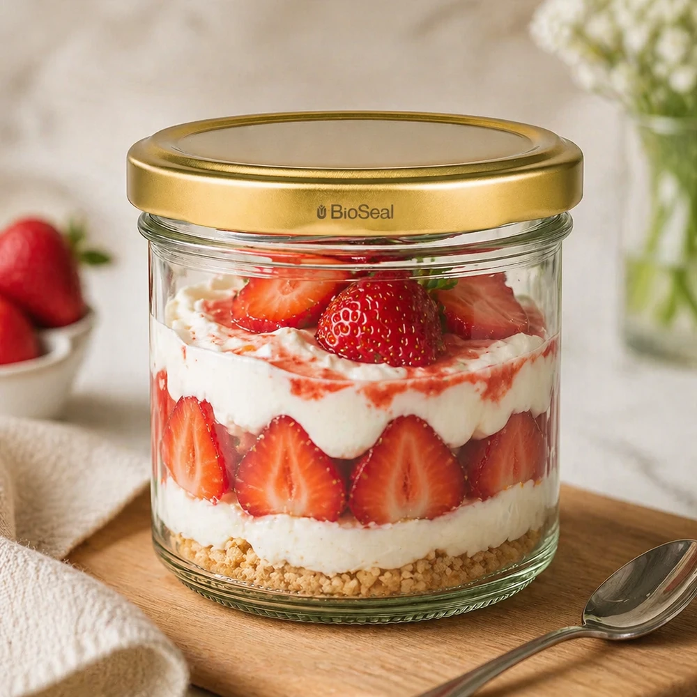 UNiTWIST Verre à dessert de 125ml avec trifle à la fraise - couvercle TO66 doré sur planche en bois avec cuillère et décoration