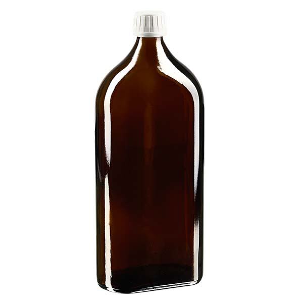 Flasque brune de 1 000 ml au goulot PP 28, avec bouchon à vis PP 28 blanc, joint en PEE et système d’inviolabilité Flasque brune de 1 000 ml au goulot PP 28, avec bouchon à vis PP 28 blanc, joint en PEE et système d’inviolabilité