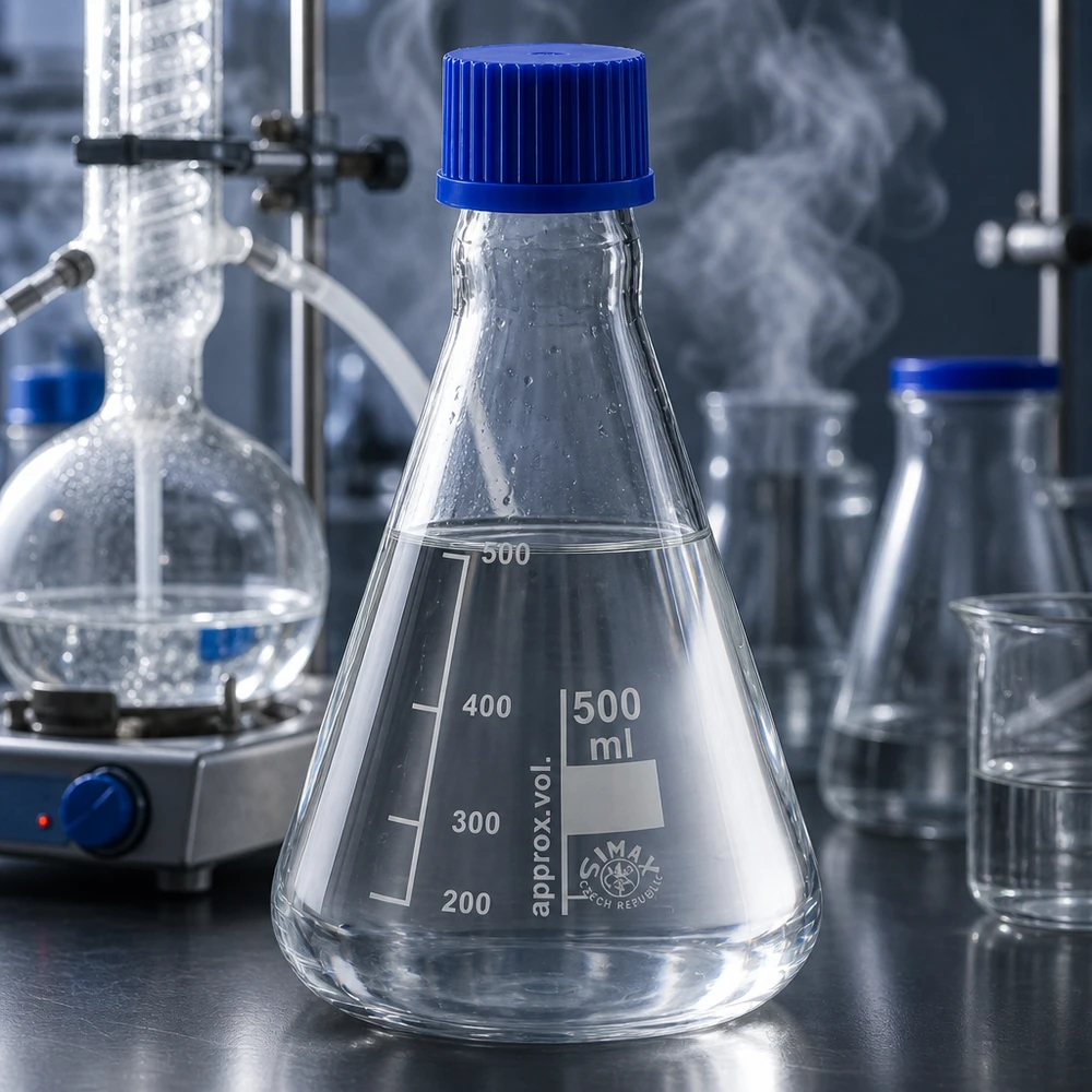 Erlenmeyer 500 ml col étroit, verre borosilicate avec filetage et bouchon Ballon de laboratoire de 500 ml avec base stable et bouchon bleu pour un transport sûr