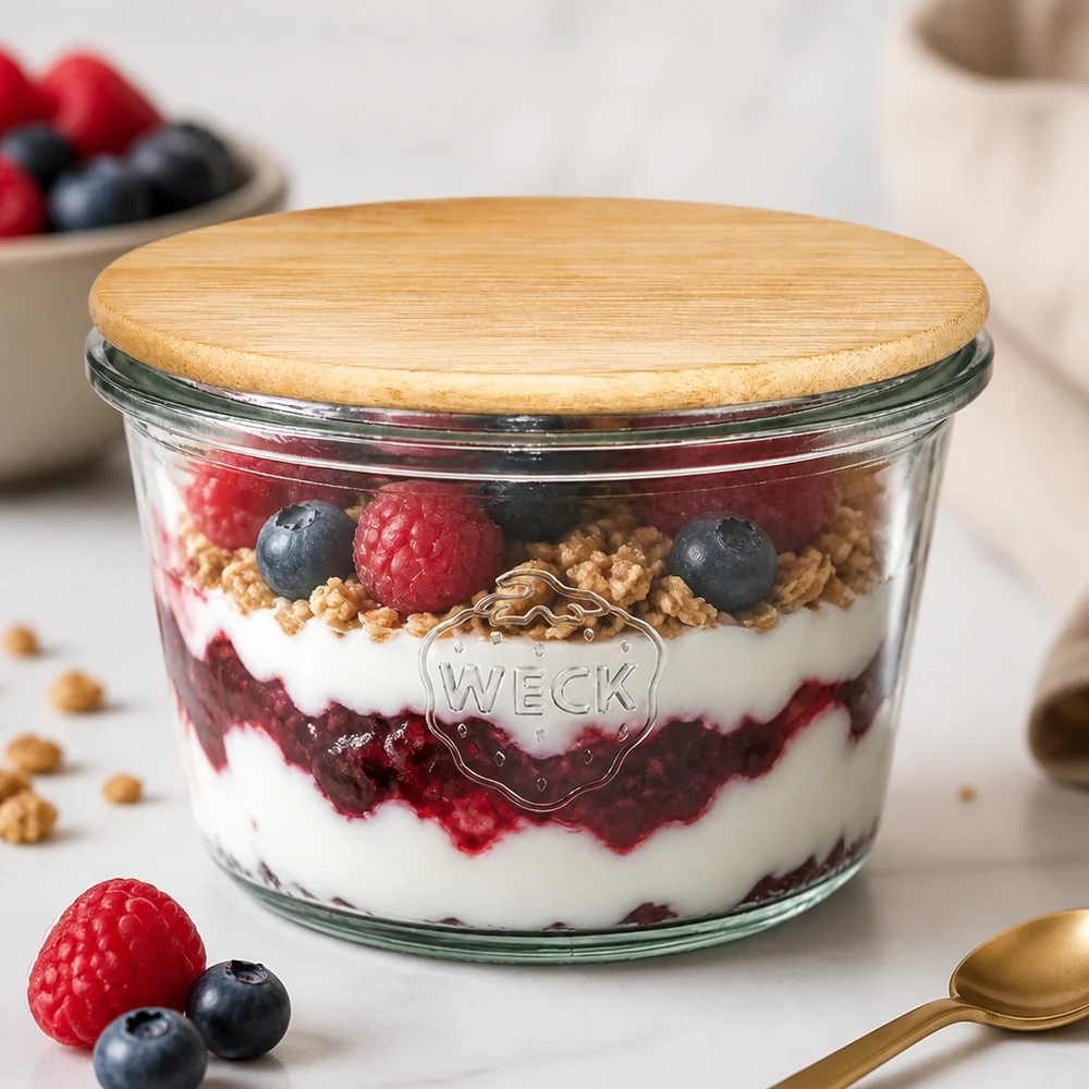 WECK RR100 Pot renversé 370ml avec couvercle en bambou rempli de muesli aux fruits rouges en couches - Yaourt Granola Framboises