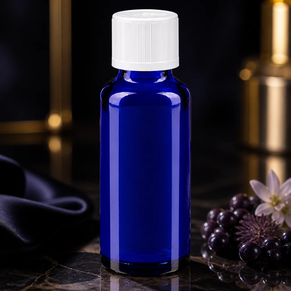 Bouteille en verre bleue de 30 ml avec un bouchon à vis blanc, à côté de baies noires et de fleurs