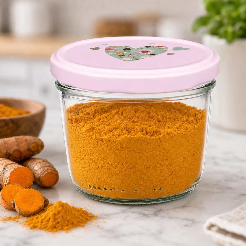 Verres de 230 ml + couvercle BasicSeal cur rose UNiTWIST Pot de 230ml avec couvercle rose en forme de cœur rempli de poudre d'épices de curcuma à côté de racines de curcuma fraîches Cuisine