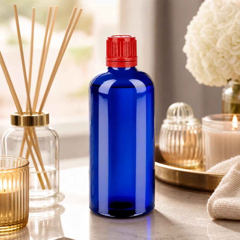 Flacon 100ml 11mm SV rouge OV BlueLine UT18/100 Elégant flacon en verre de 100 ml de qualité pharmaceutique avec protection UV et bouchon d'inviolabilité rouge